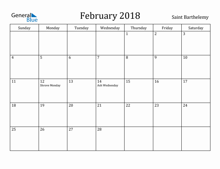 February 2018 Calendar Saint Barthelemy