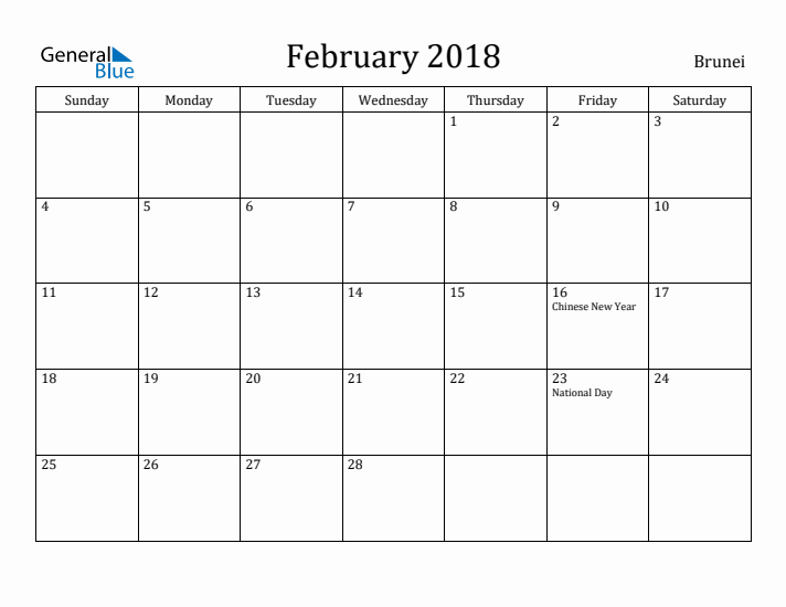 February 2018 Calendar Brunei