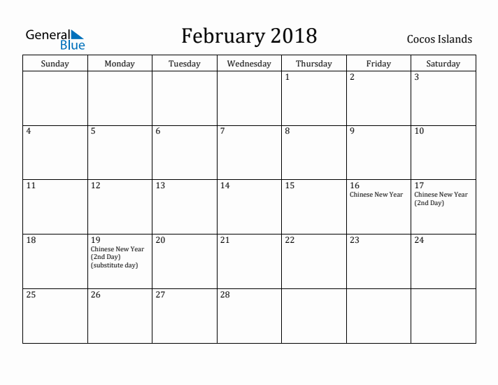 February 2018 Calendar Cocos Islands