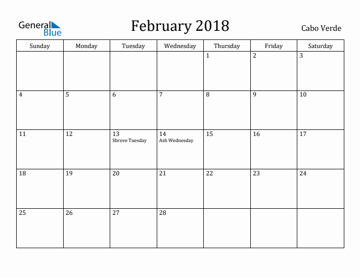 February 2018 Calendar Cabo Verde