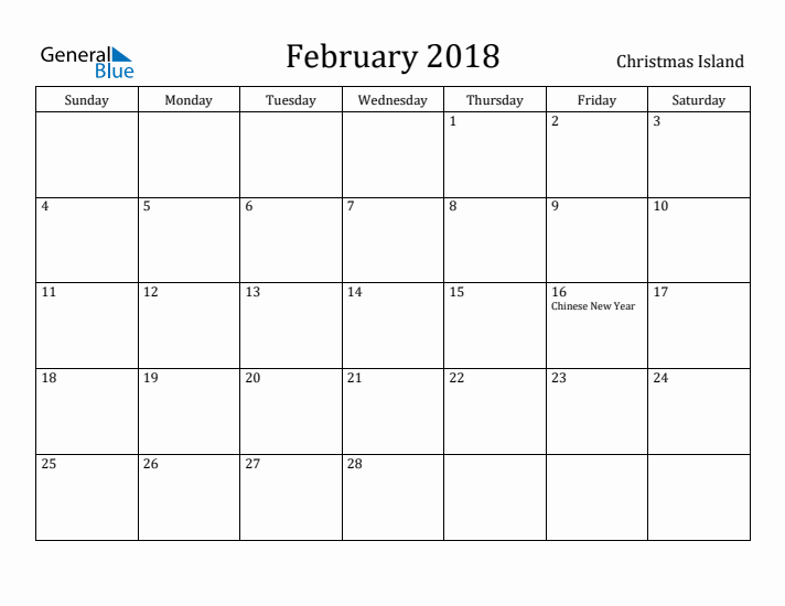 February 2018 Calendar Christmas Island