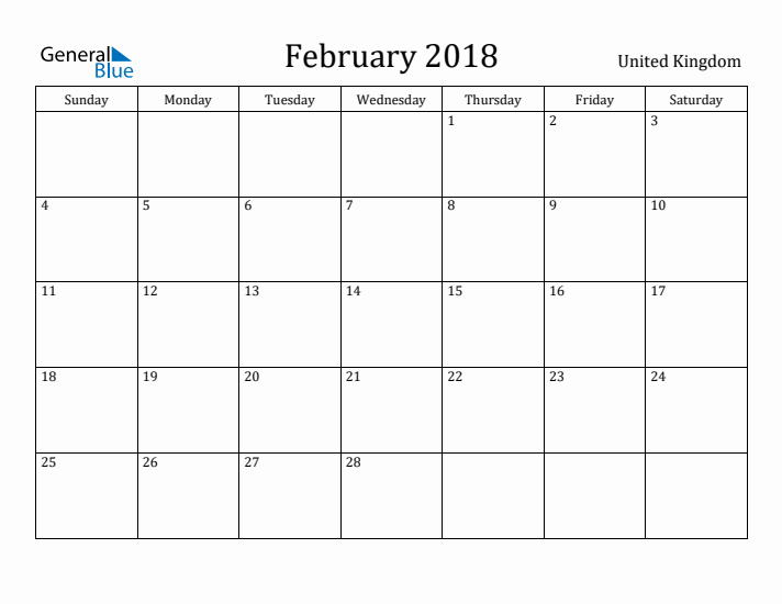 February 2018 Calendar United Kingdom