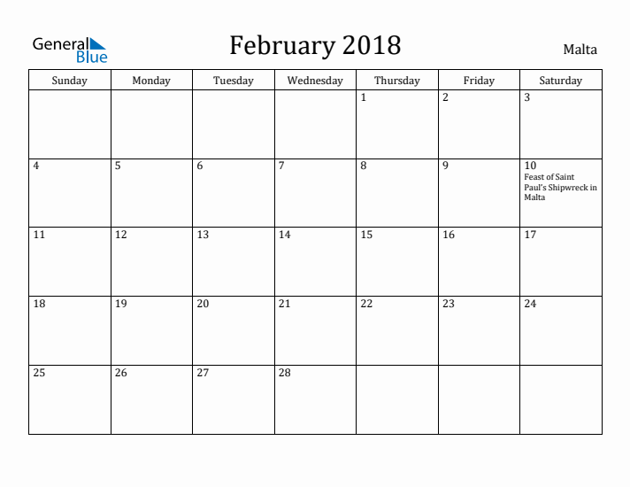 February 2018 Calendar Malta