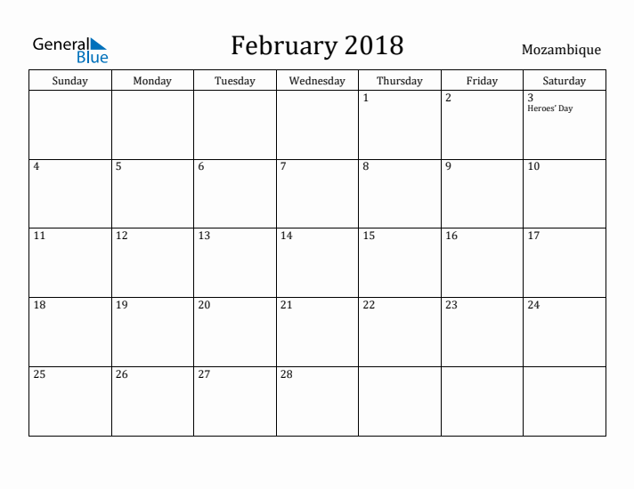 February 2018 Calendar Mozambique