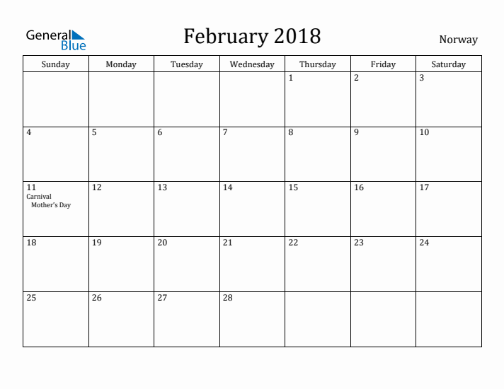 February 2018 Calendar Norway