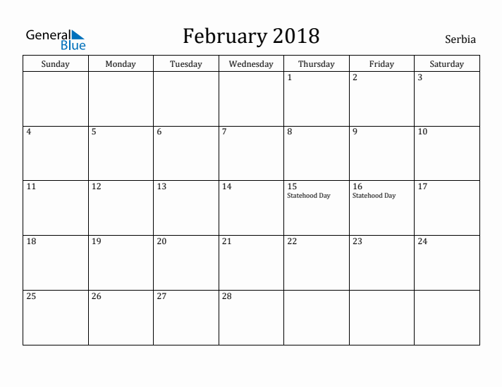 February 2018 Calendar Serbia