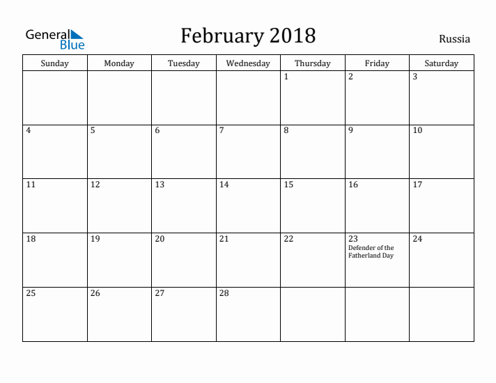 February 2018 Calendar Russia