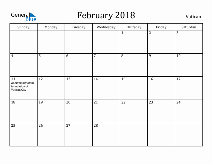 February 2018 Calendar Vatican