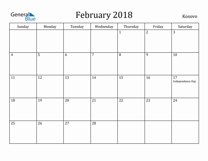 February 2018 Calendar Kosovo