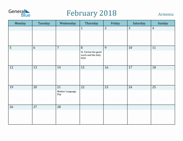 February 2018 Calendar with Holidays