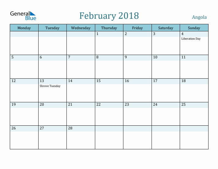 February 2018 Calendar with Holidays