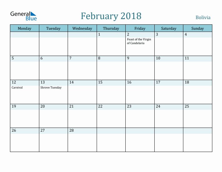 February 2018 Calendar with Holidays