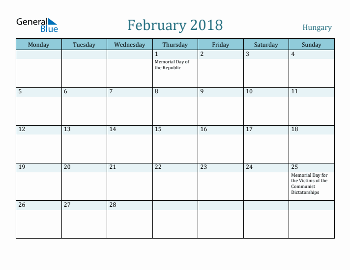 February 2018 Calendar with Holidays