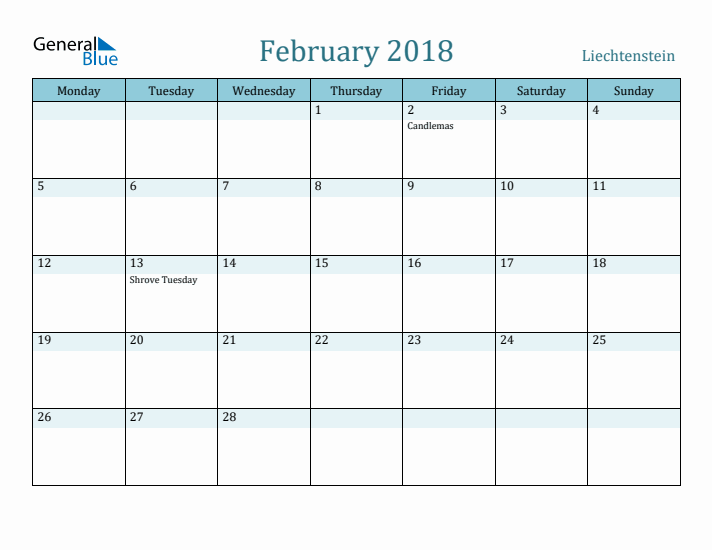 February 2018 Calendar with Holidays