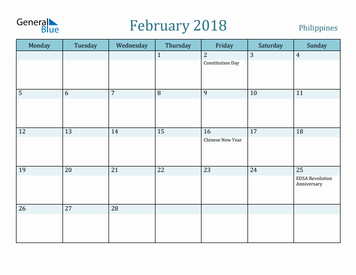 February 2018 Calendar with Holidays