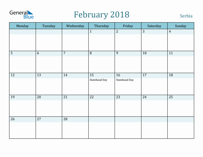 February 2018 Calendar with Holidays