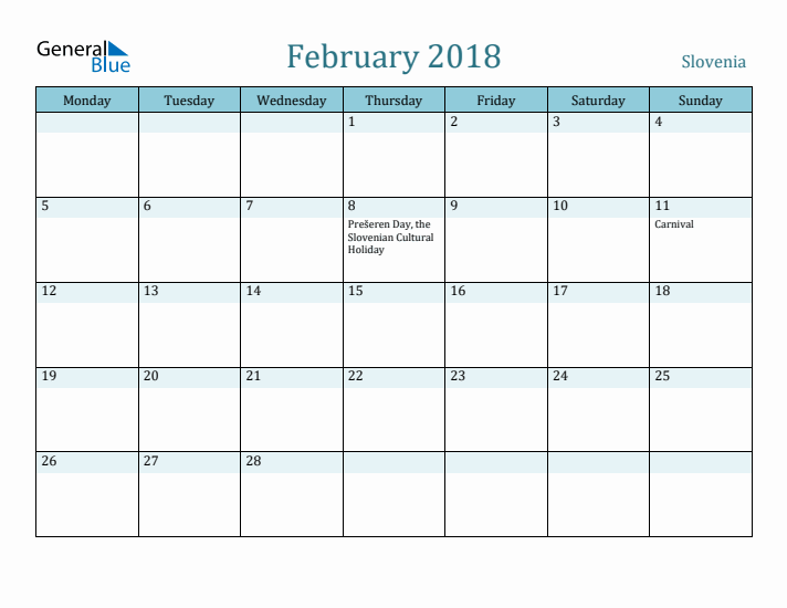 February 2018 Calendar with Holidays