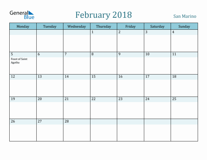 February 2018 Calendar with Holidays