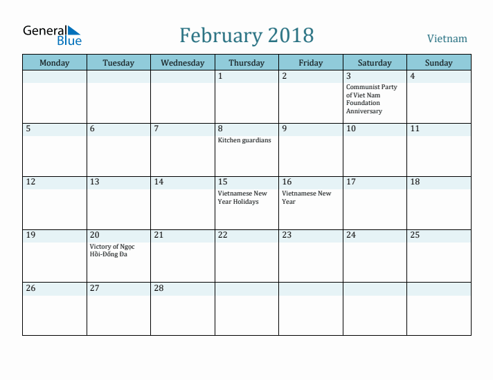 February 2018 Calendar with Holidays