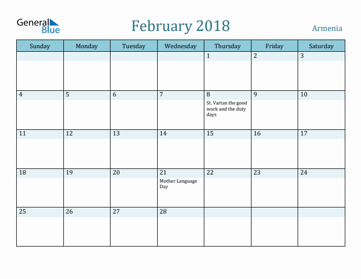 February 2018 Calendar with Holidays