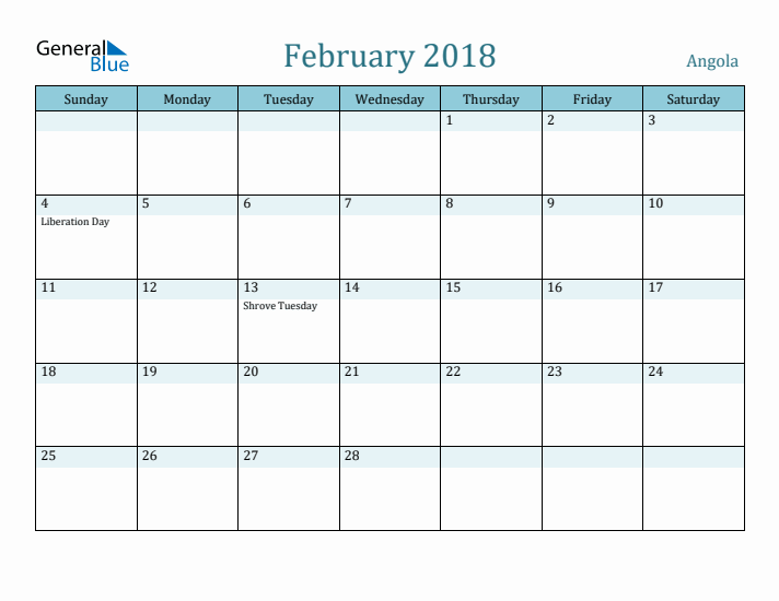 February 2018 Calendar with Holidays