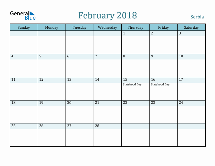 February 2018 Calendar with Holidays