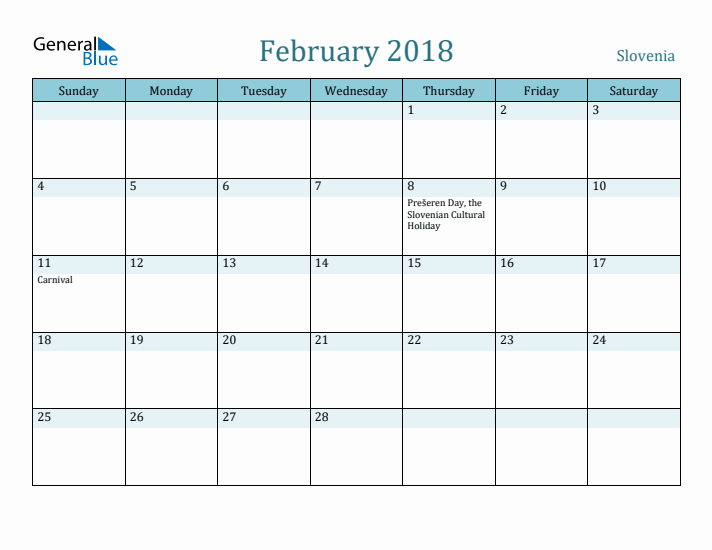 February 2018 Calendar with Holidays