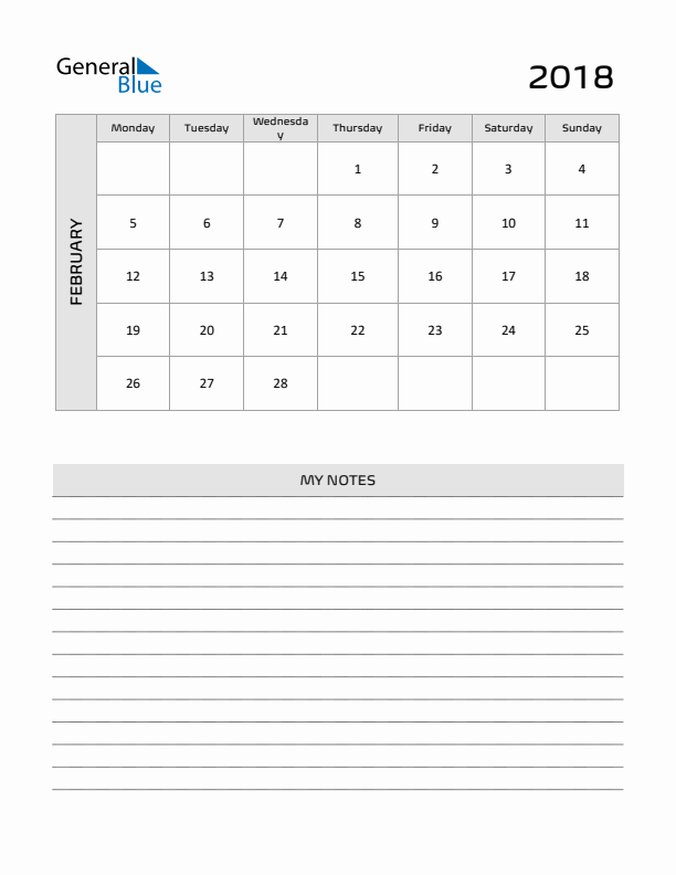 February 2018 Calendar Printable