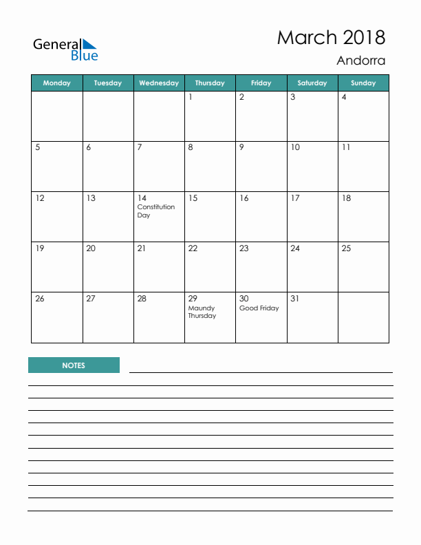 Calendar with Notes Printable - Monday Start