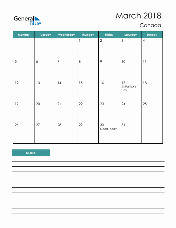 Calendar with Notes Printable - Monday Start