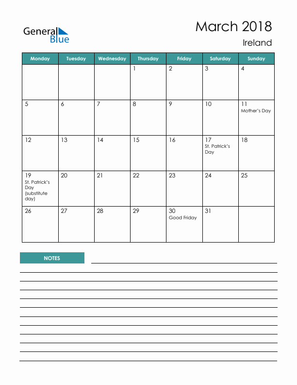 Calendar with Notes Printable - Monday Start