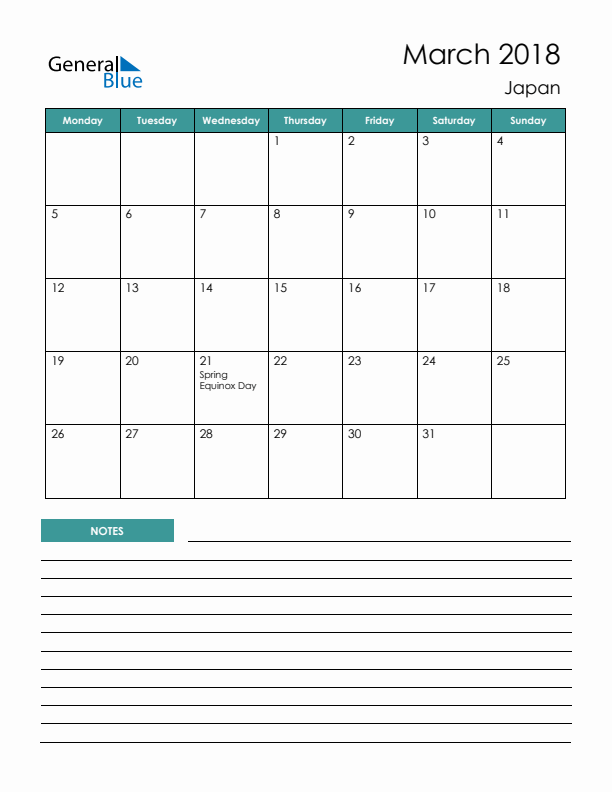 Calendar with Notes Printable - Monday Start