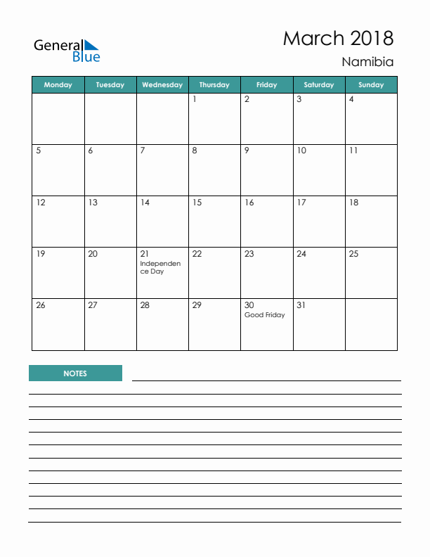 Calendar with Notes Printable - Monday Start