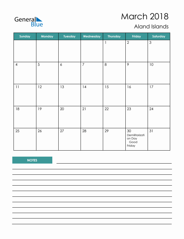 Calendar with Notes Printable - Sunday Start