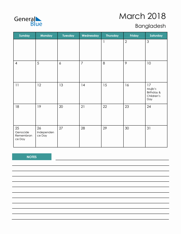 Calendar with Notes Printable - Sunday Start