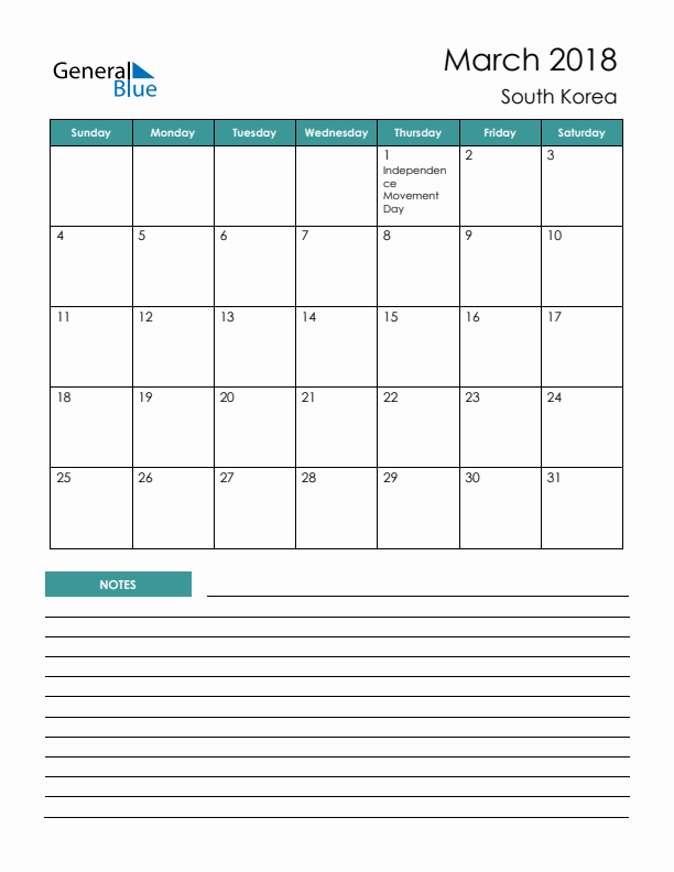 Calendar with Notes Printable - Sunday Start