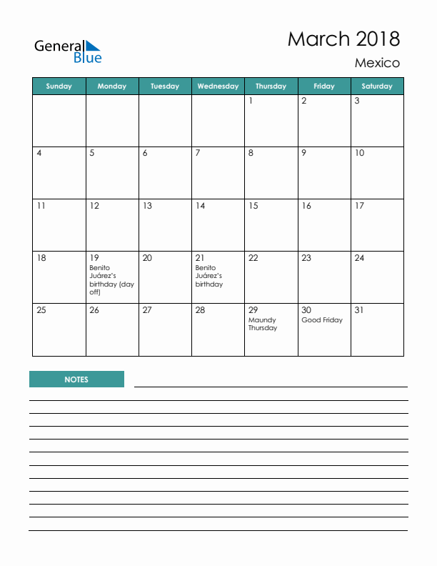 Calendar with Notes Printable - Sunday Start