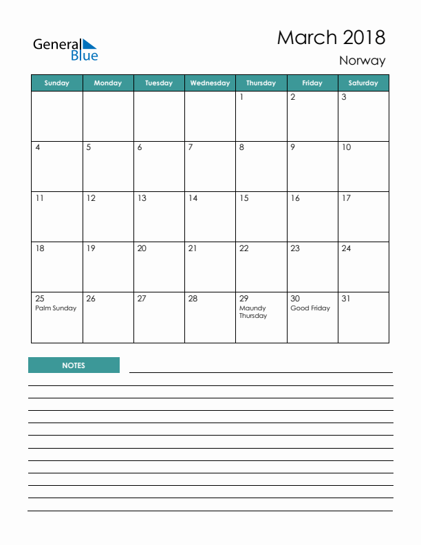 Calendar with Notes Printable - Sunday Start