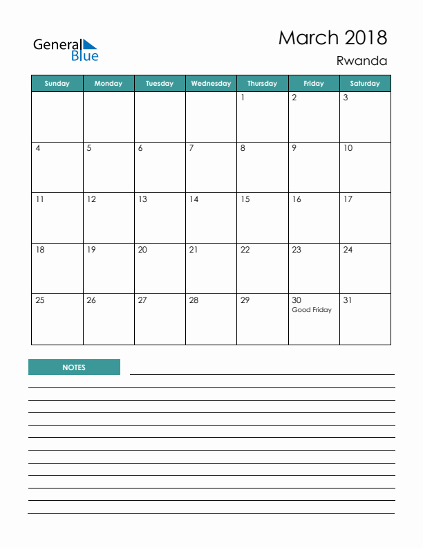 Calendar with Notes Printable - Sunday Start