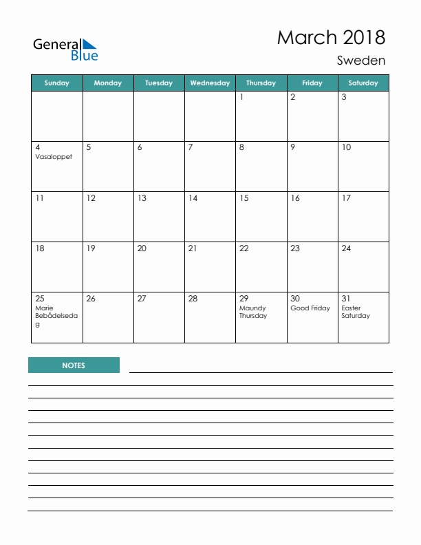 Calendar with Notes Printable - Sunday Start