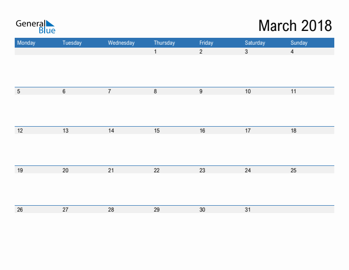 Fillable Calendar for March 2018