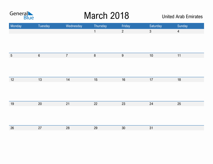 Fillable March 2018 Calendar