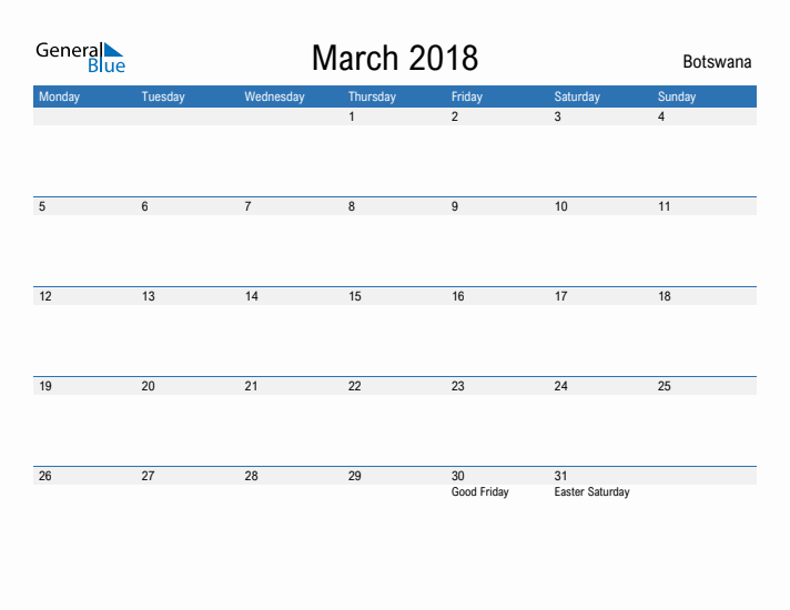 Fillable March 2018 Calendar