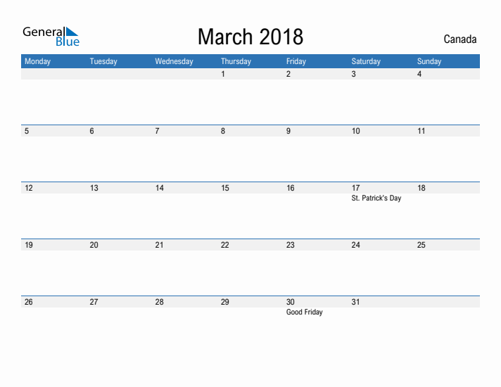 Fillable March 2018 Calendar