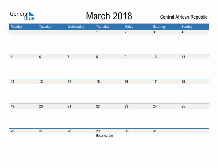 Fillable March 2018 Calendar