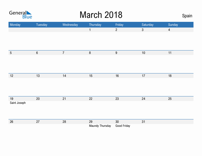 Fillable March 2018 Calendar