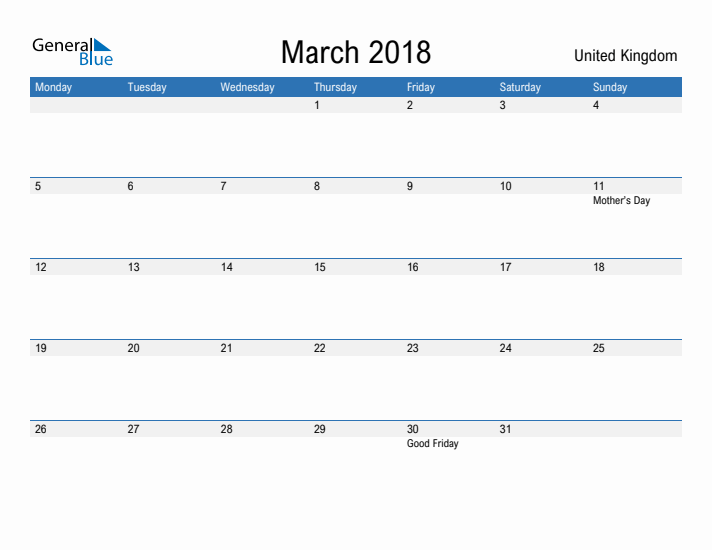 Fillable March 2018 Calendar