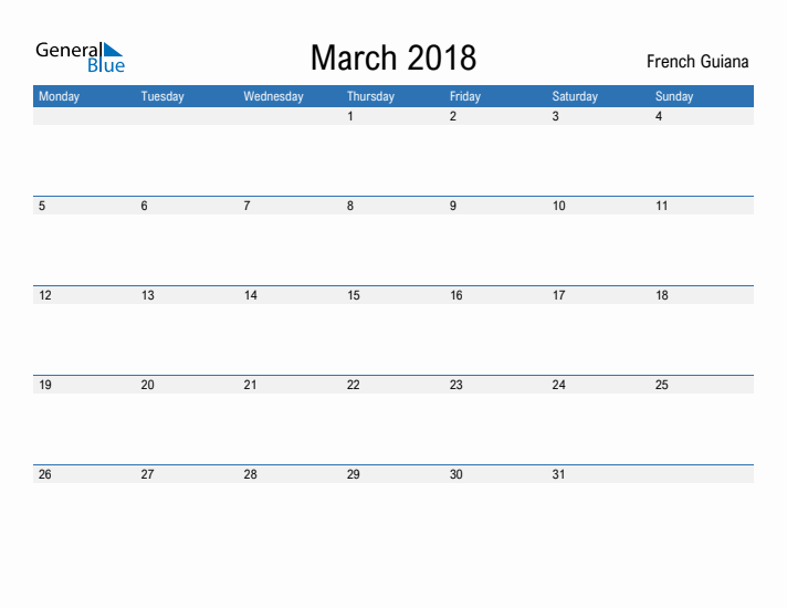 Fillable March 2018 Calendar