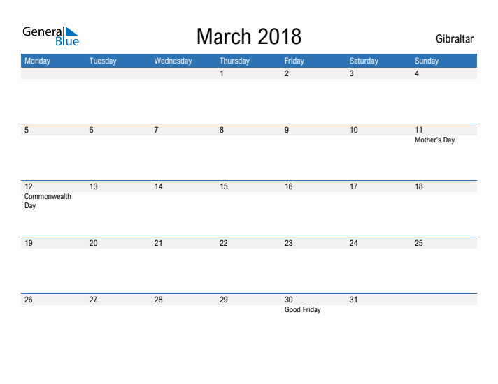 Fillable March 2018 Calendar