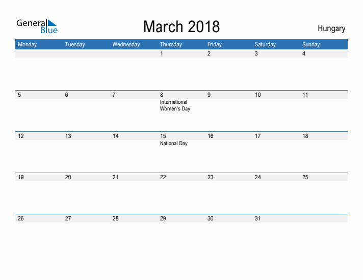 Fillable March 2018 Calendar